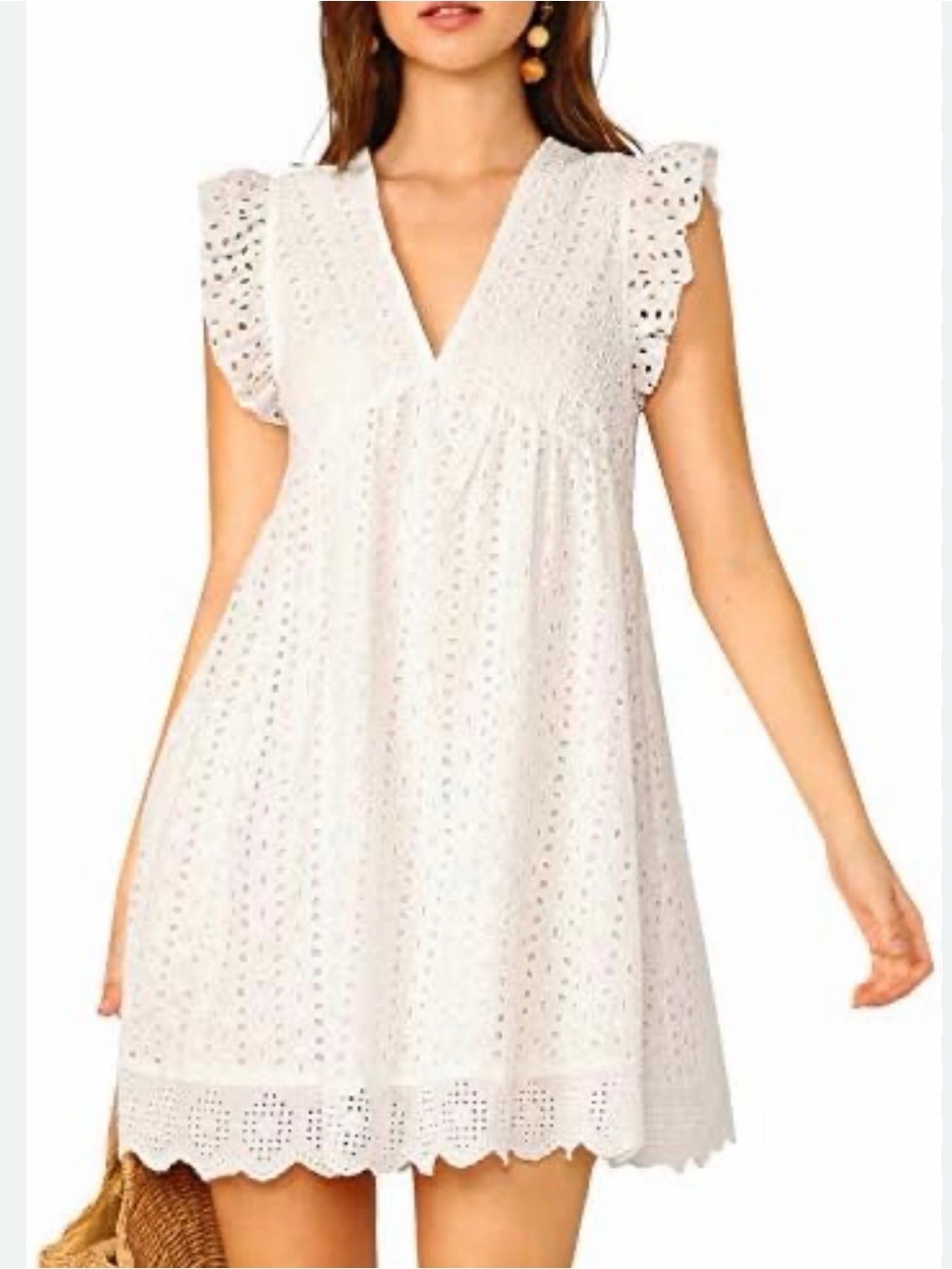 Sleeveless Cotton Mini Dress Romper Size XL White Eyelet V-Neck Flutter Sleeve